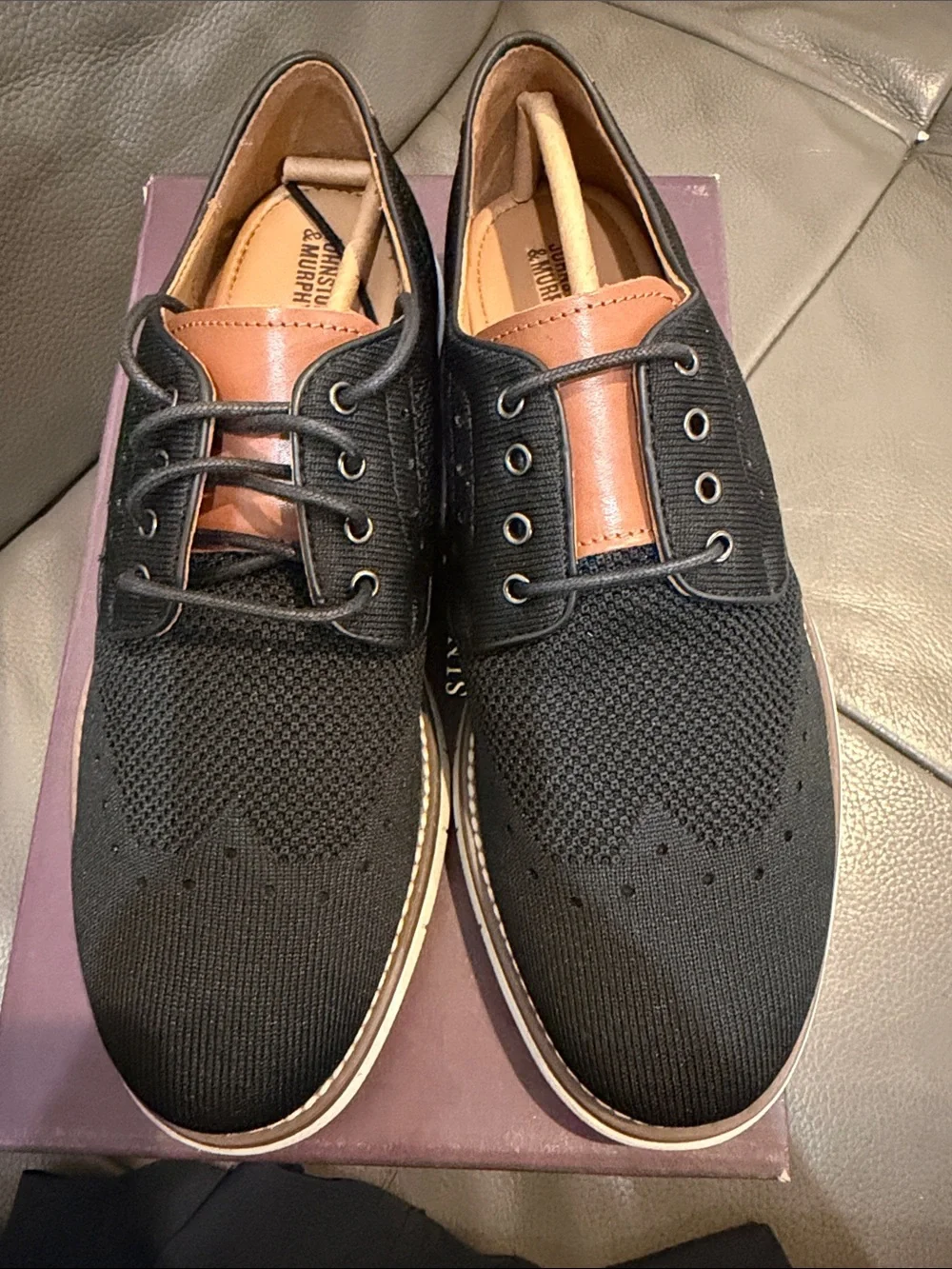 Johnston & Murphy Black Knit Oxfords with Tan Accents